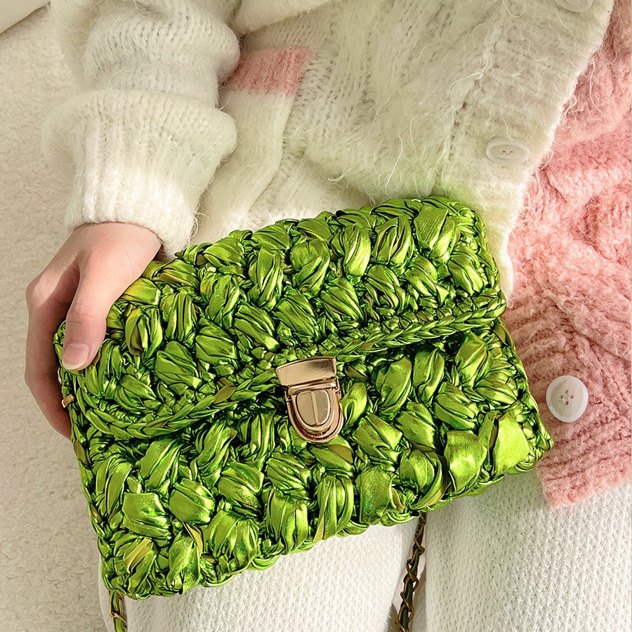 Handwoven Metallic Shiny Crossbody Bag Lock Closure N6F088