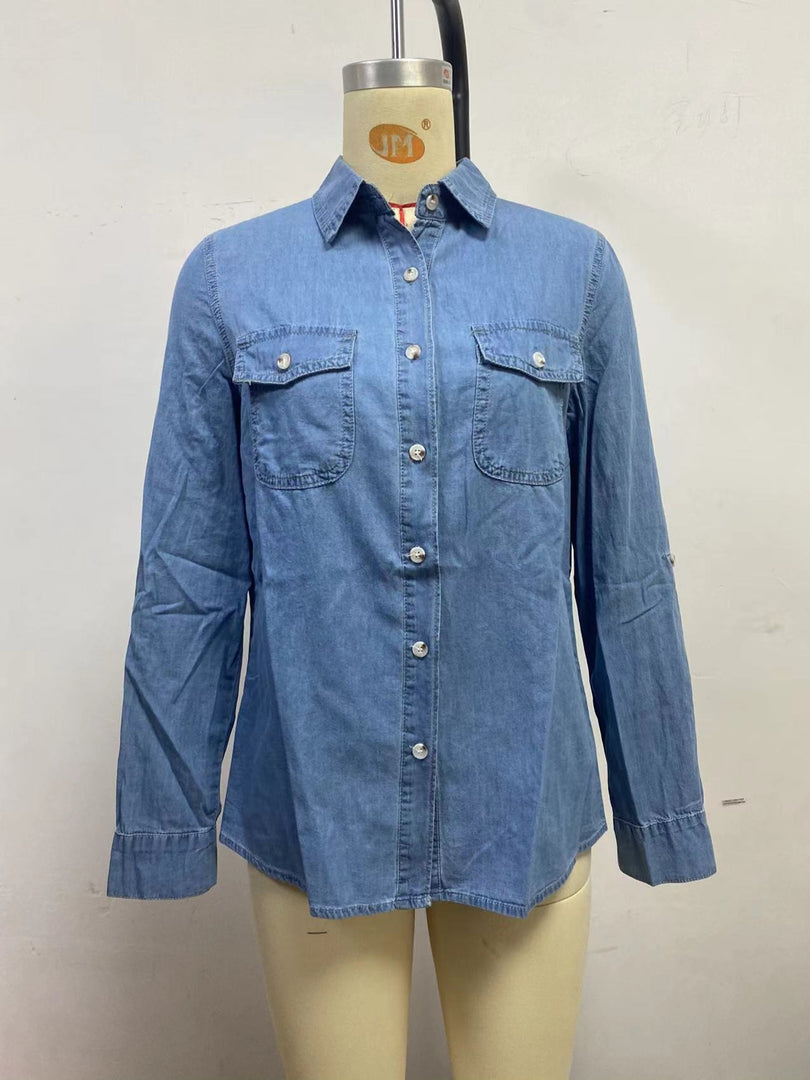 Casual Lapel Long Sleeve Denim Shirt Women N6D064