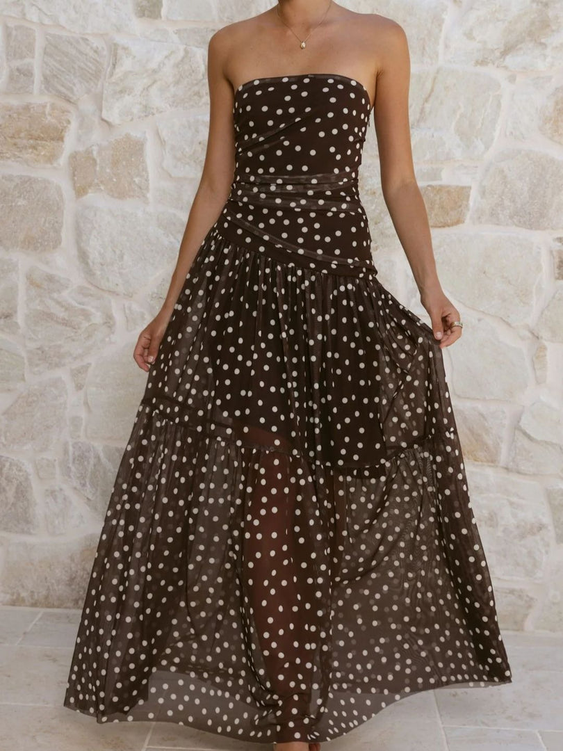 Polka Dot Mesh One-Shoulder Maxi Dress N6F028