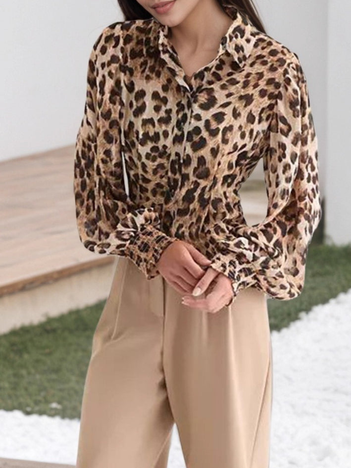 Leopard Print Bubble Sleeve Fitted Shirt Women N6C124
