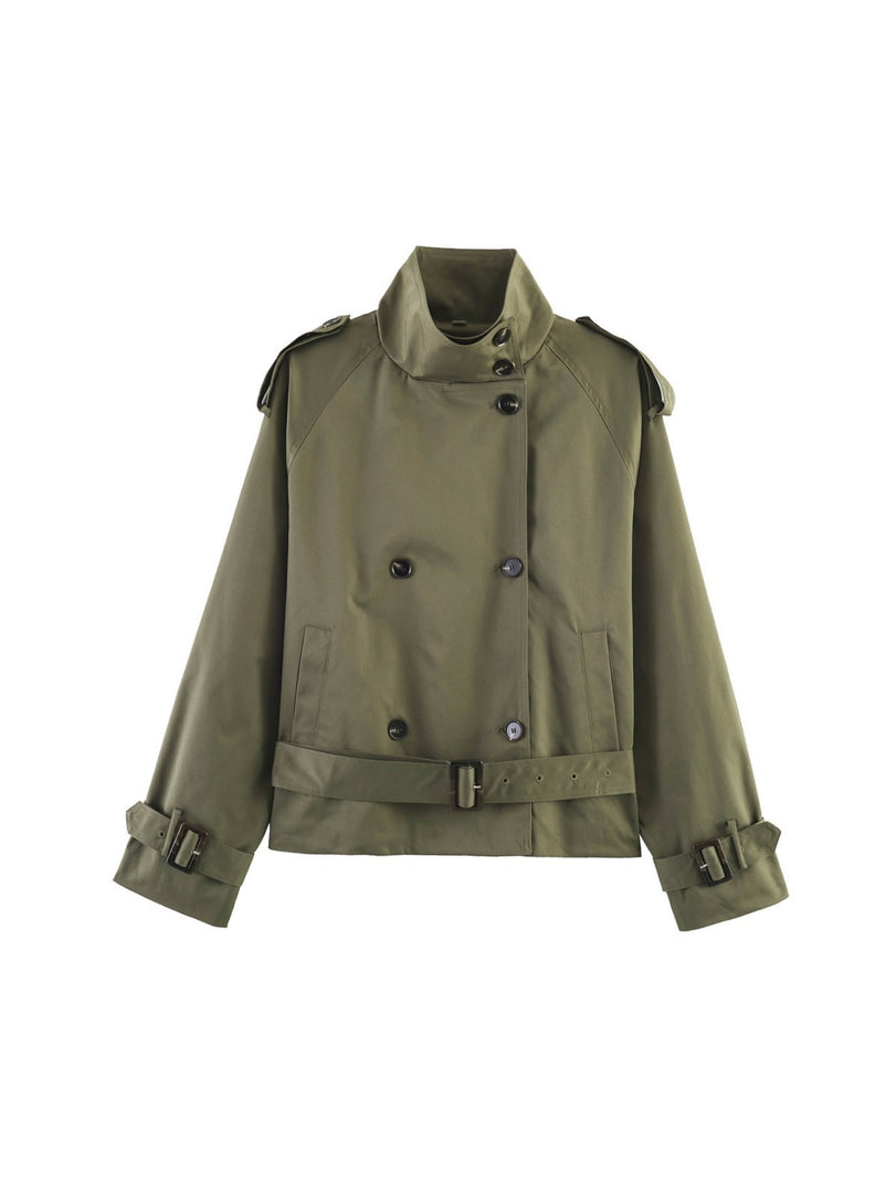 Loose Belted Double-Breasted Stand Collar Coat Women N6H125
