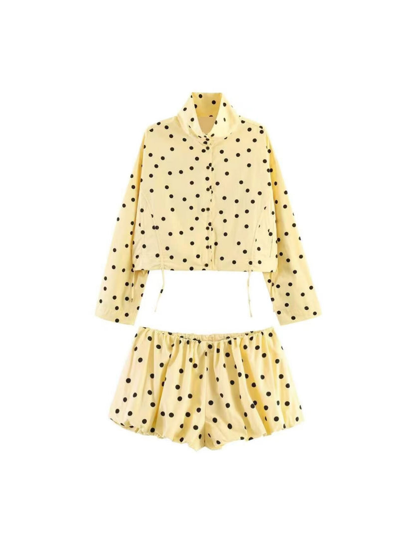 Polka Dot Balloon Jacket Shorts Set Women Casual N6F207