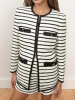 Load image into Gallery viewer, Black White Stripe Multi Pocket Jacket Women N5A052

