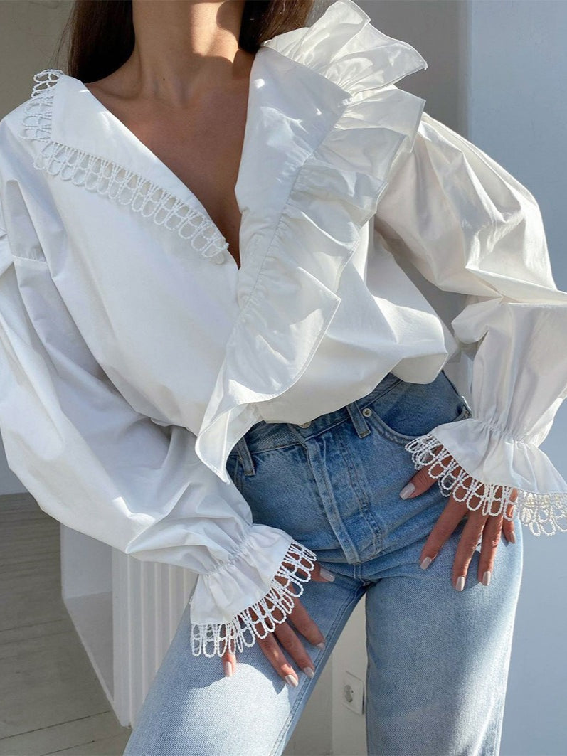 V Neck Ruffle Lace Trim Blouse Women N6C134