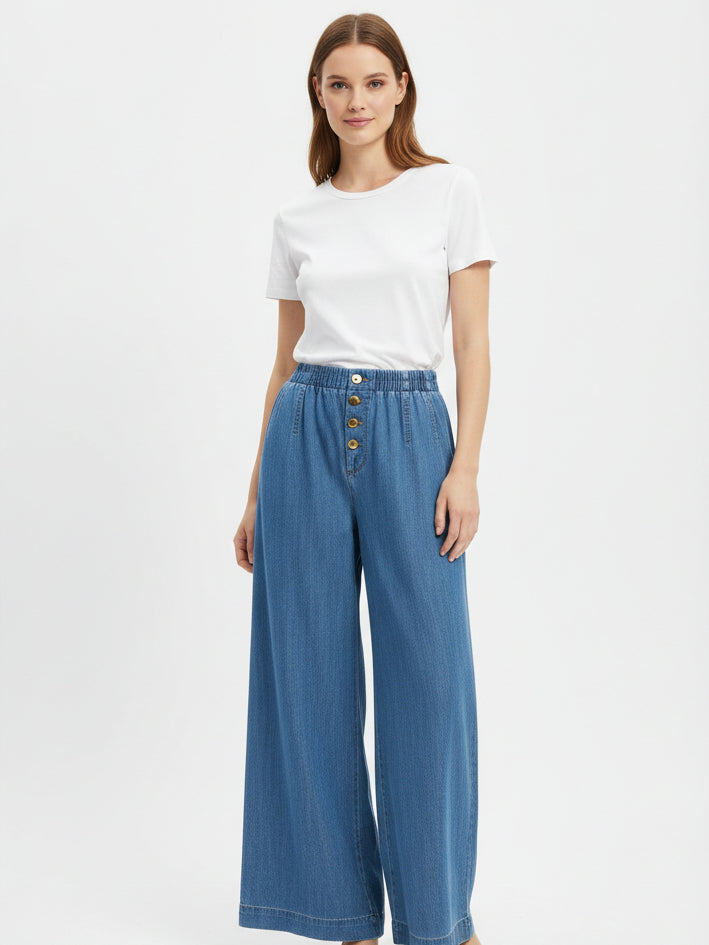 Vintage Draped Wide Leg Denim Pants Women N6B134