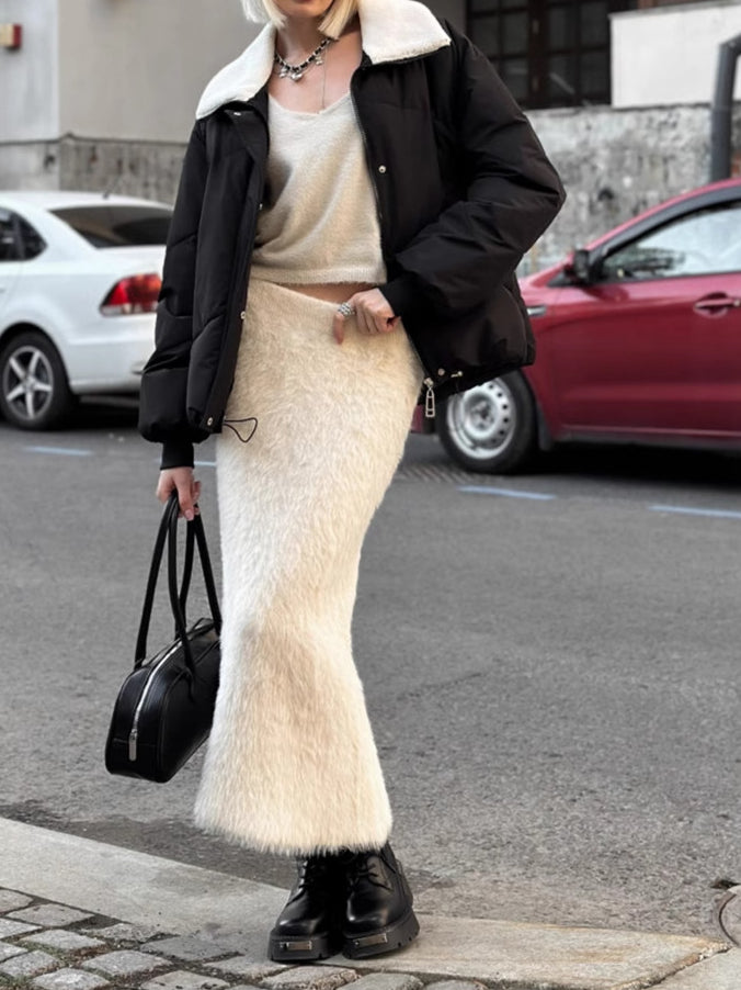 Fuzzy Knit Maxi Skirt Solid Mid Weight White N5Z458