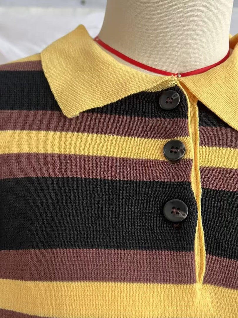 Color Block Stripe Polo Knit Pullover Oversized Lapel N6G146