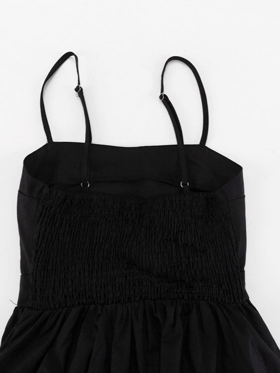 Black High Waist Spaghetti Strap French Midi Dress N6D090