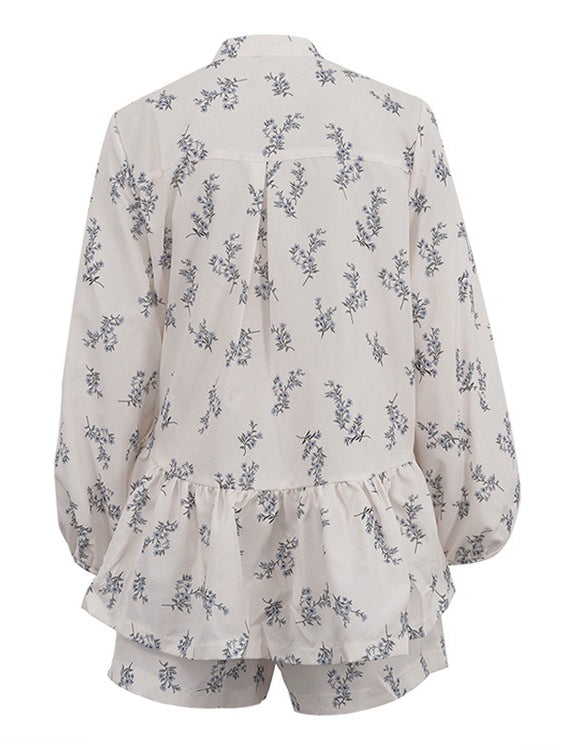 French Puff Sleeve Crop Top and Shorts Set Women N6C189