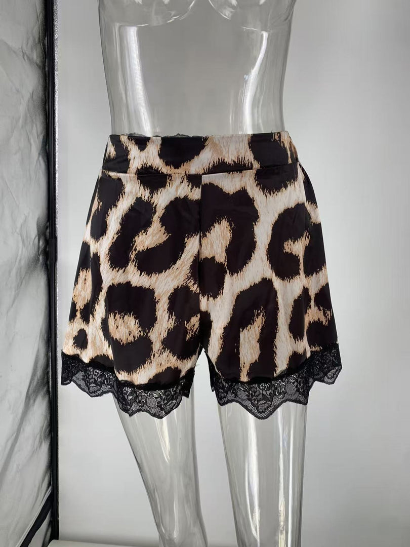 Vintage Satin Leopard Lace Trim Shorts Women N6F255