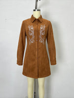 Load image into Gallery viewer, Floral Embroidered Suede Texture Lapel Dress Women N6G292
