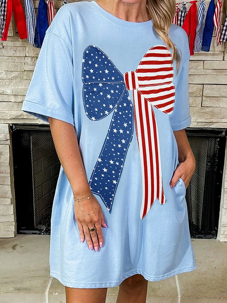 Blue Bow Print Loose Fit Short Dress Women N6C338