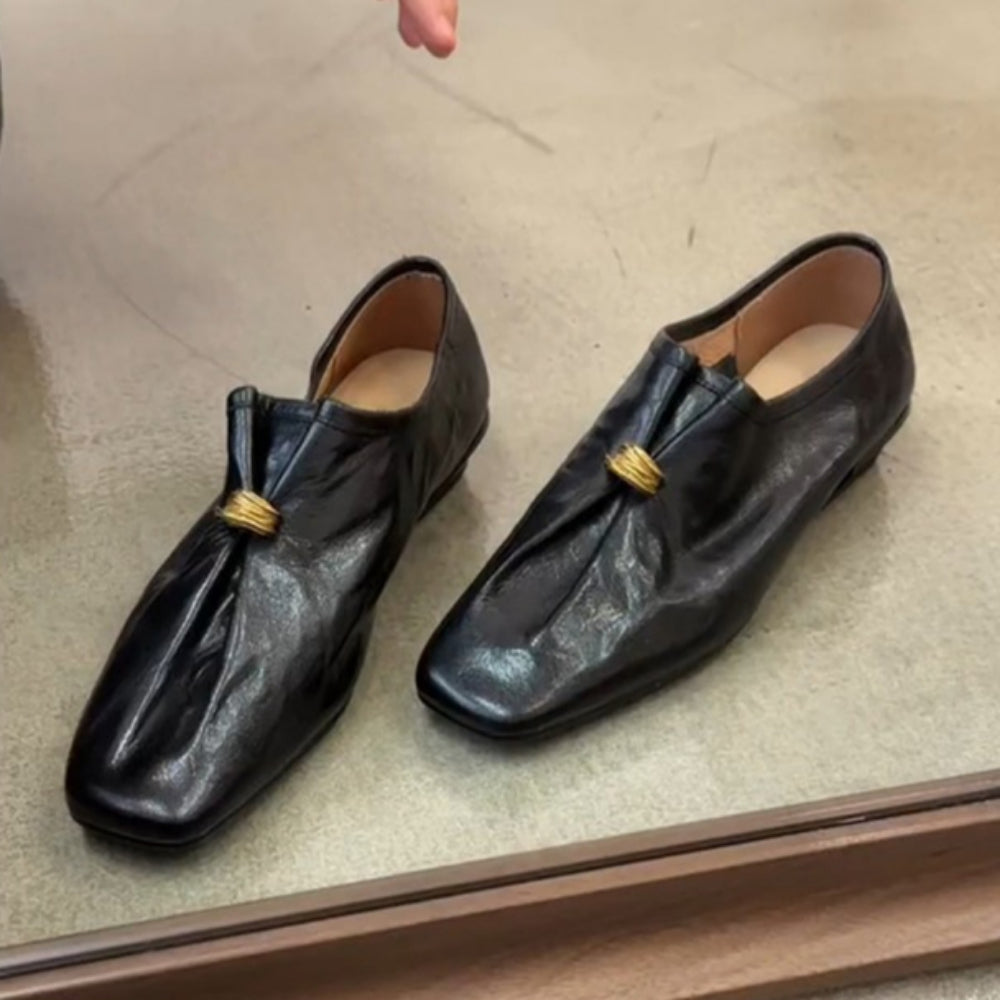 Vintage Square Toe Pleated Loafers Women Chunky Heel N6G241