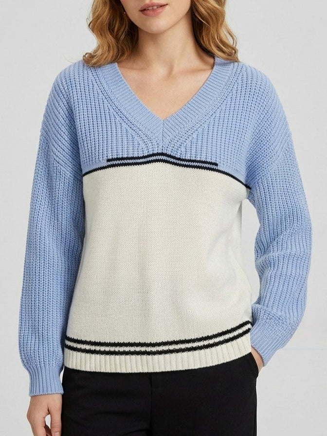 V-Neck Loose Fit Knit Pullover Women Fall Winter N6G181