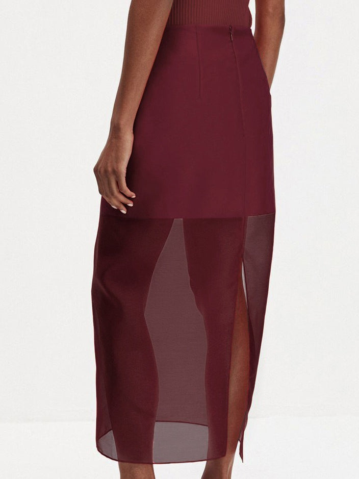 Double Layer Sheer Tulle Pencil Skirt High Waist Slit N6C195