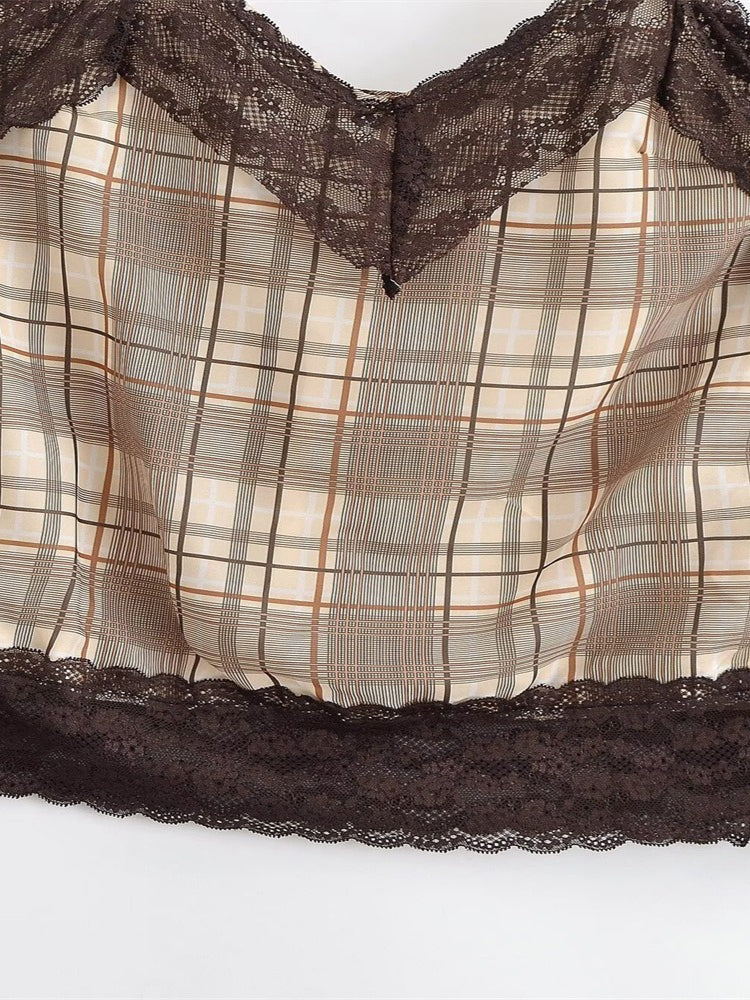 Lace Trim Striped Camisole Top Brown N6F206