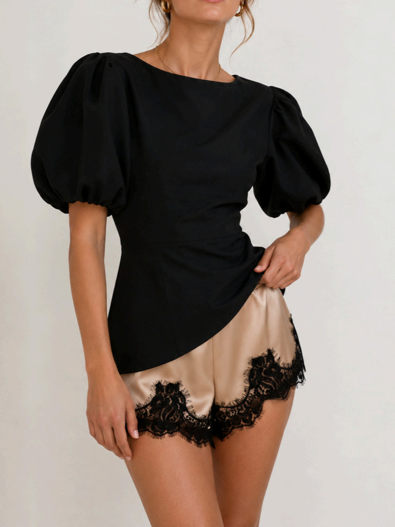 Puff Sleeve Waist Cinching Lace Shorts Set Women N6F260