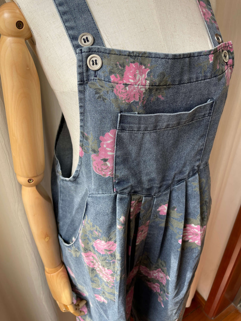 Floral Print Denim Jumpsuit Shorts Women N6C235