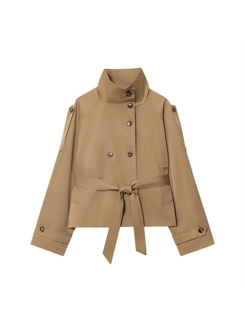Solid Stand Collar Belted Jacket Women Long Sleeve N6G165