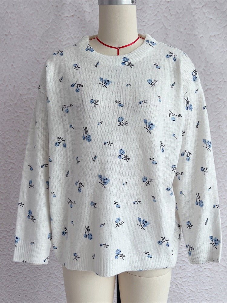 Floral Print Knit Pullover Round Neck Long Sleeve N6G145