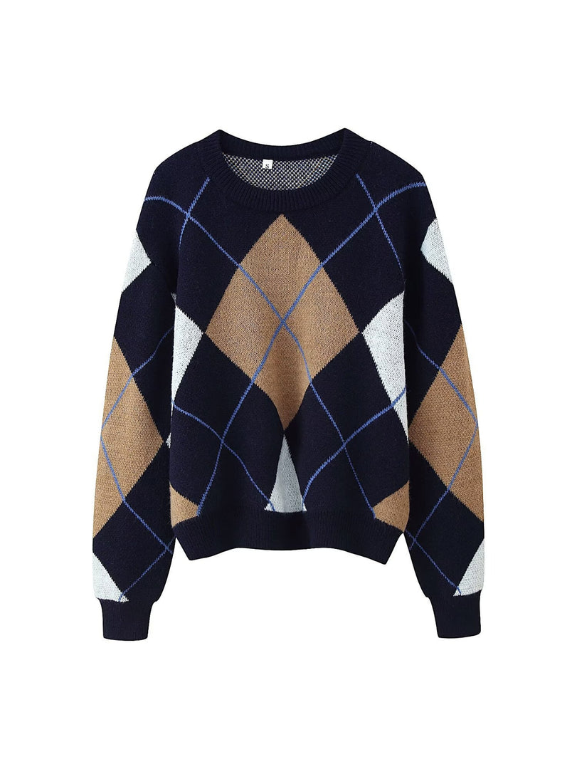 Simple Loose Jacquard Diamond Knit Pullover Women N6G156