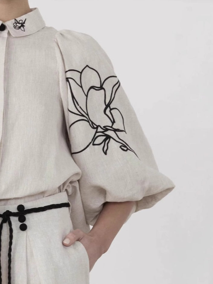 Embroidered Linen Wide Leg Pants Suit Women N6F188