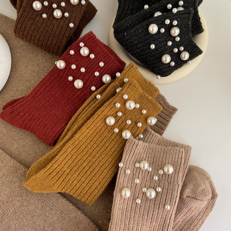 Pearl Rivet Beaded Rabbit Wool Blend Stack Socks N6H036