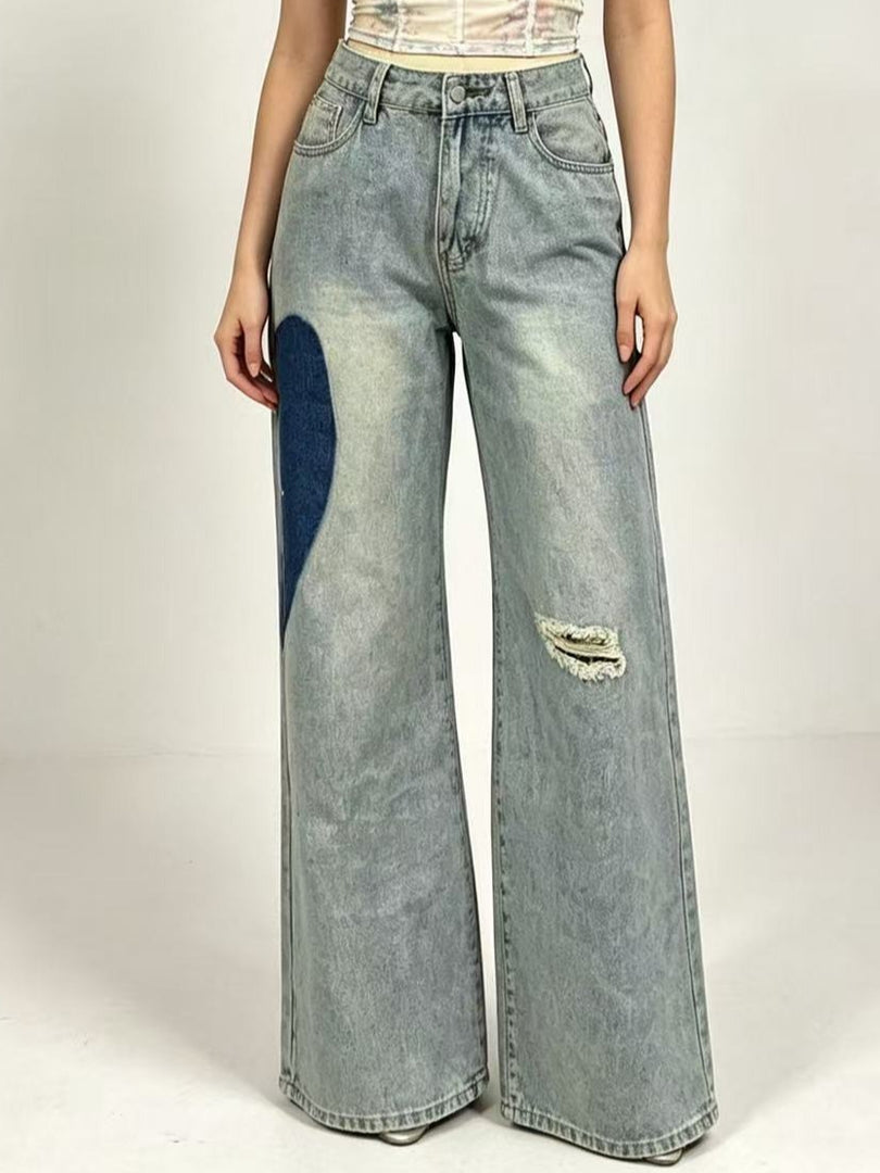 Patchwork Heart Detail Straight Leg Denim Jeans Women N6D163