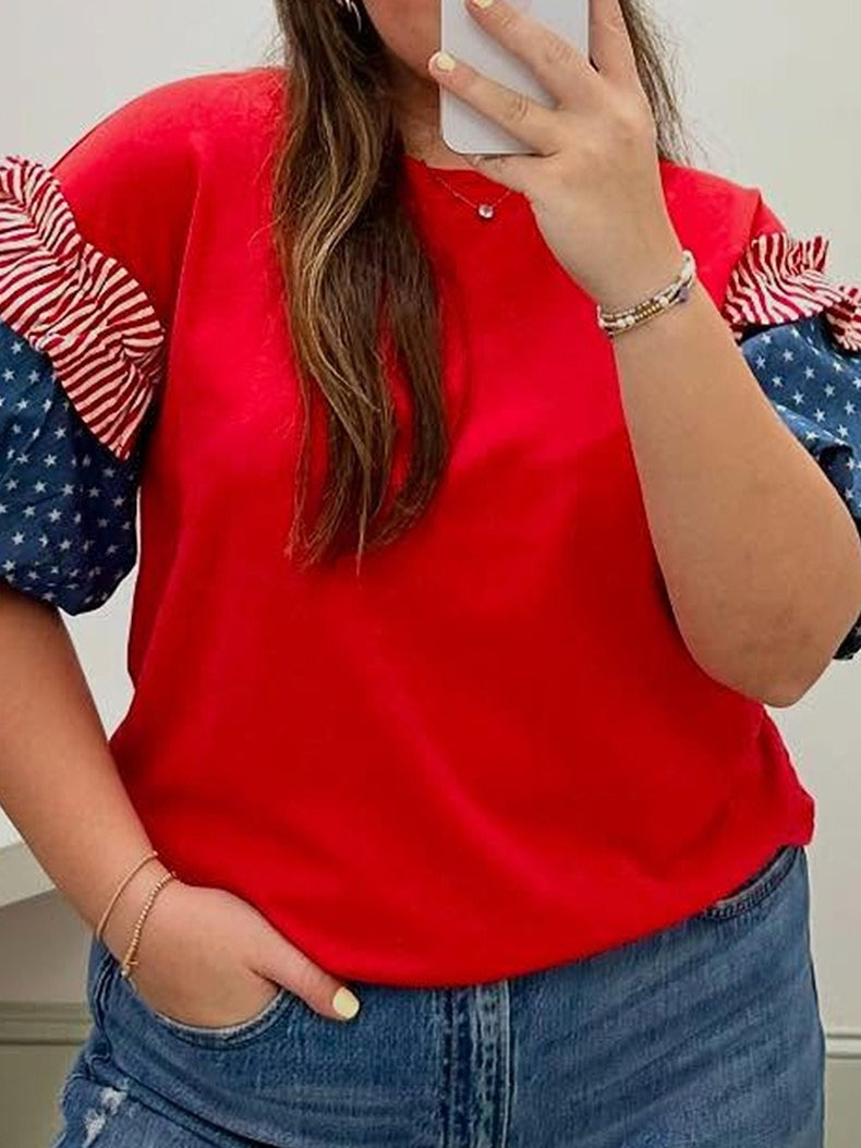 Color Block Puff Sleeve Oversize T-shirt Women N6C334