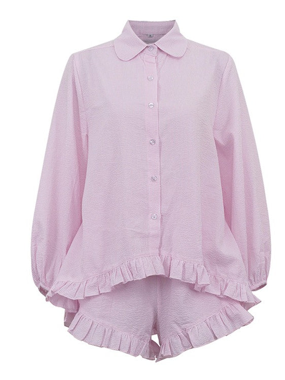 Striped Puff Sleeve Lapel Shirt and Shorts Set Women N6C188