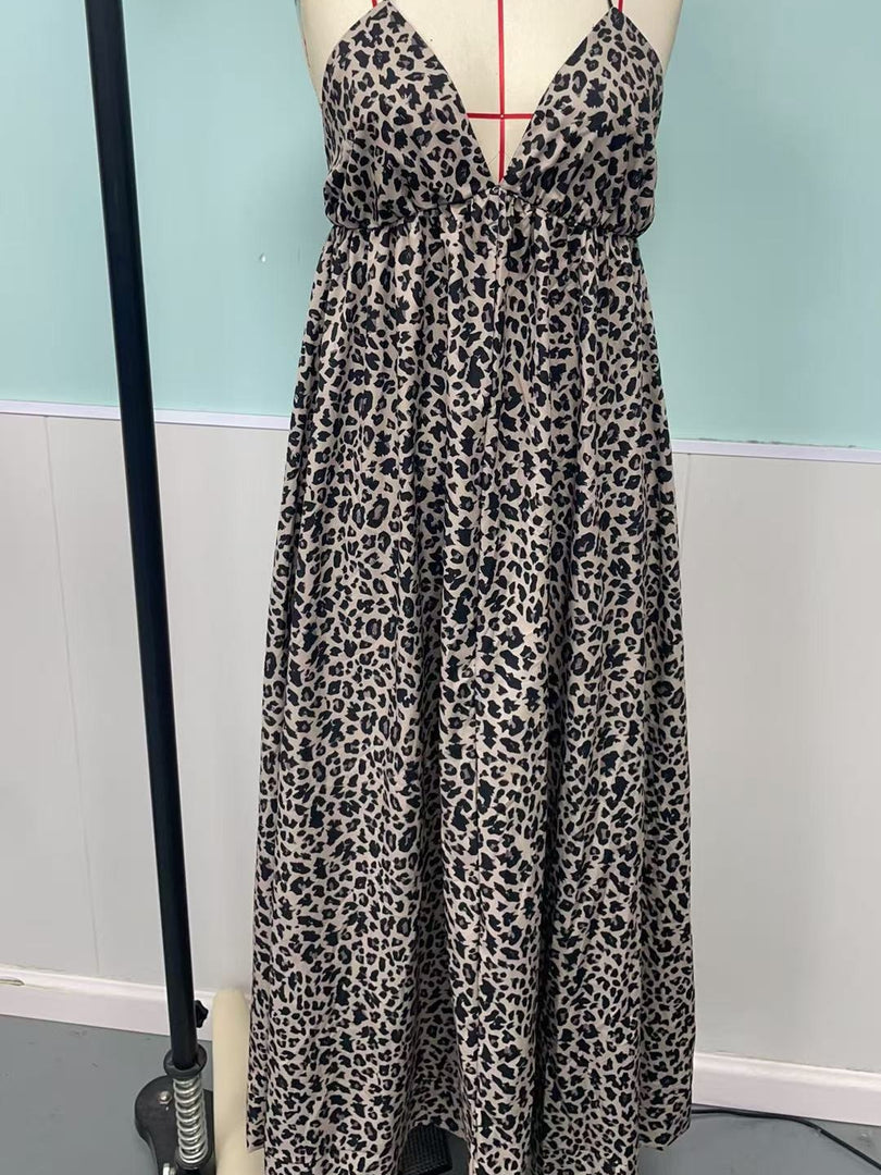 Leopard Print Backless Tie Detail Slip Dress Women N6D213