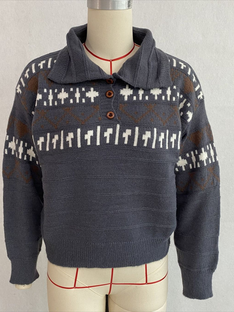 Fair Isle Polo Half Zip Knit Sweater Women Commuter N6H283