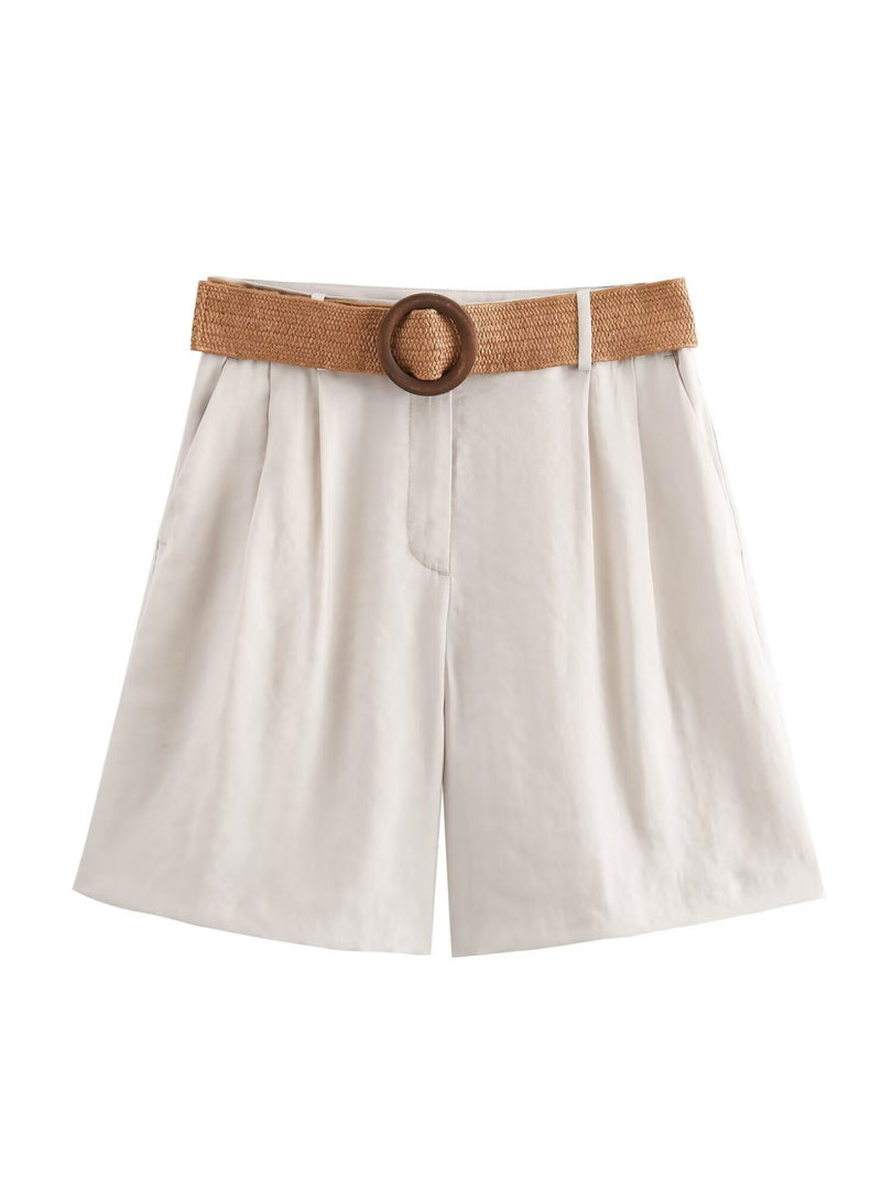Belted Straight Leg Casual Shorts Women N6F014