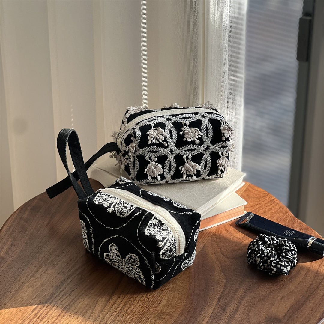 Black Embroidered Canvas Top-Handle S5P364