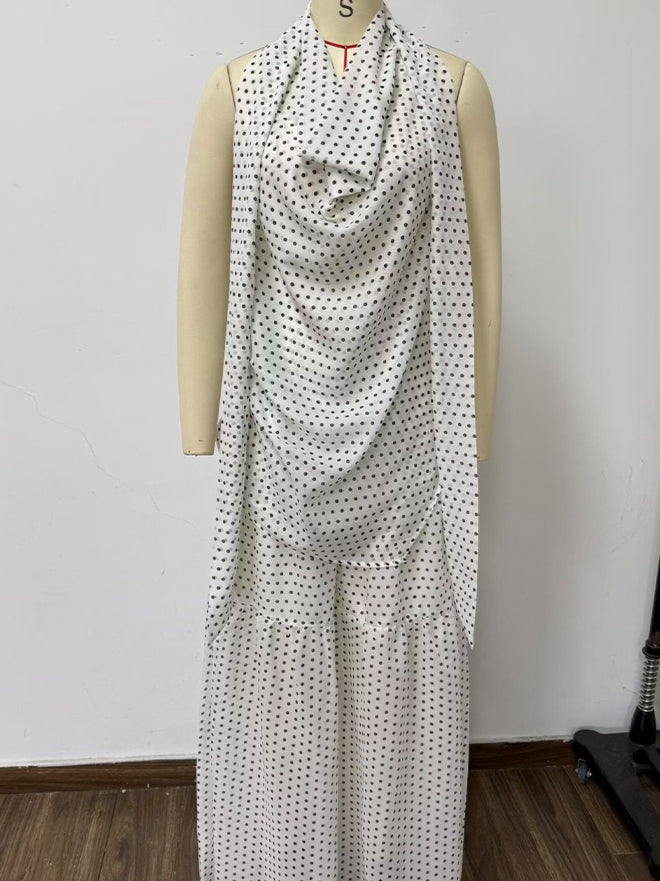 Polka Dot Halter Chiffon Top Pleated Pants Set N6F259