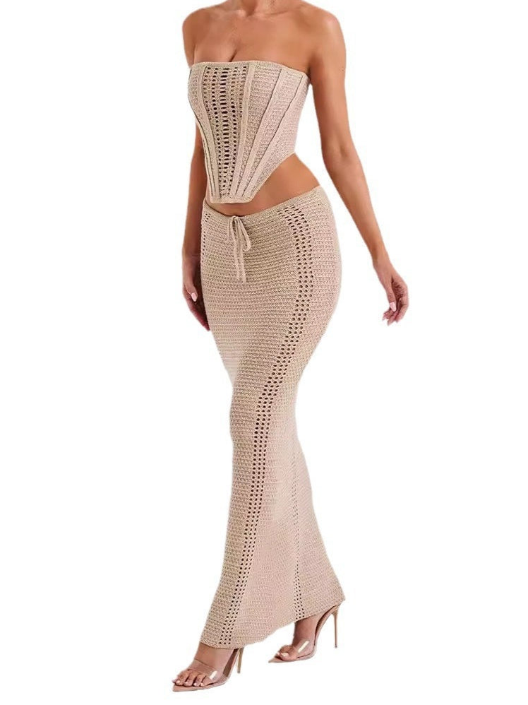 Deep Back Bandeau Set Bodycon Maxi Knit N5Z209