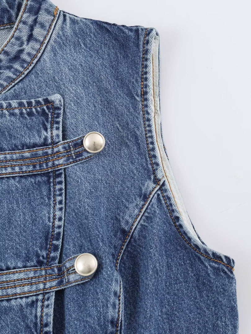Denim Vest Knot Front Slim Fit Sleeveless N6F192