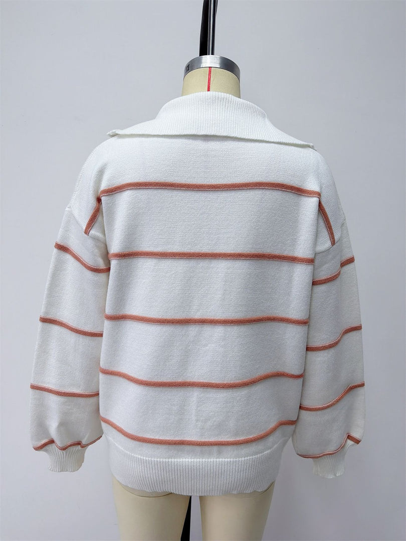 Striped Zip-Up Knit Pullover Women Round Neck N6G180