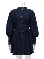 Load image into Gallery viewer, Denim Shirt Dress with Lantern Sleeve and Tie Belt  N6C194