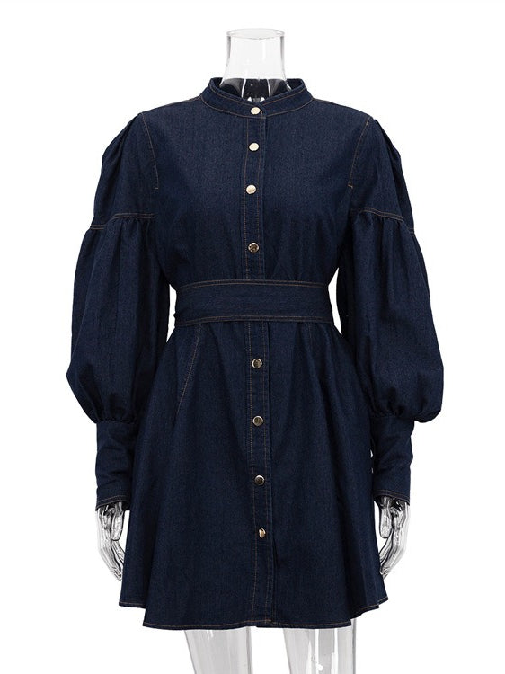 Denim Shirt Dress with Lantern Sleeve and Tie Belt  N6C194