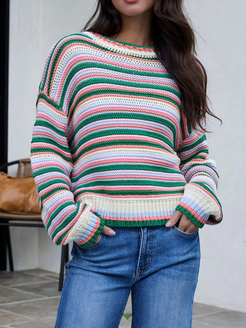 Striped Round Neck Oversized Knit Pullover Women N6G184