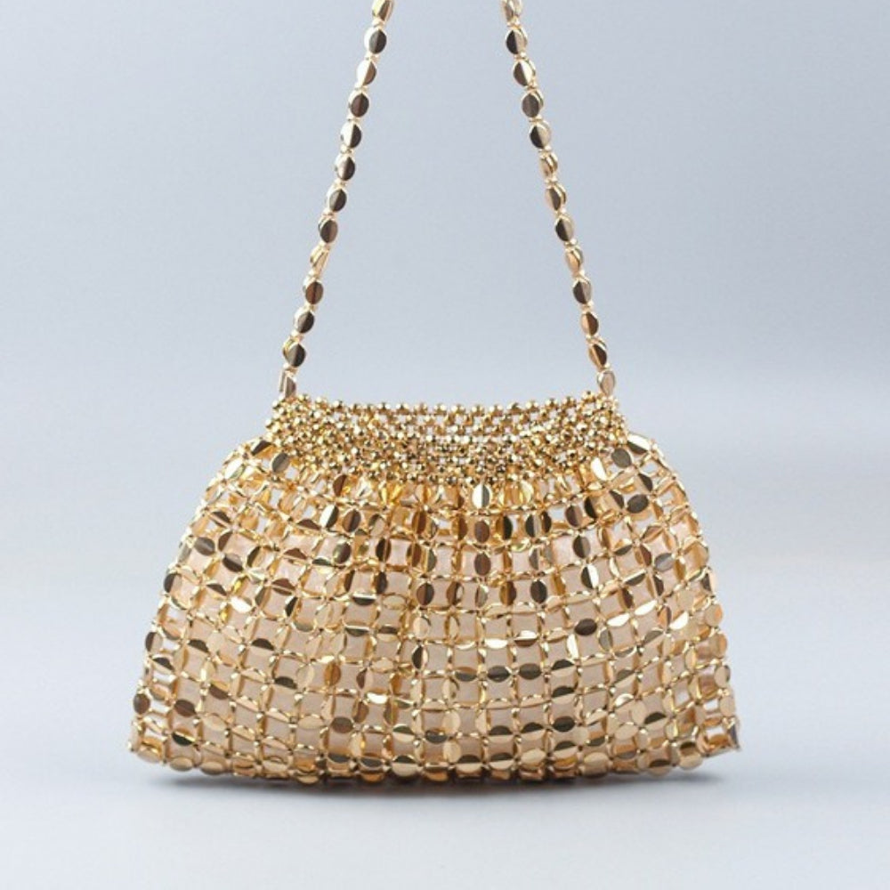 Handwoven Silver Gold Bead Large Hobo Shoulder Bag N6E021