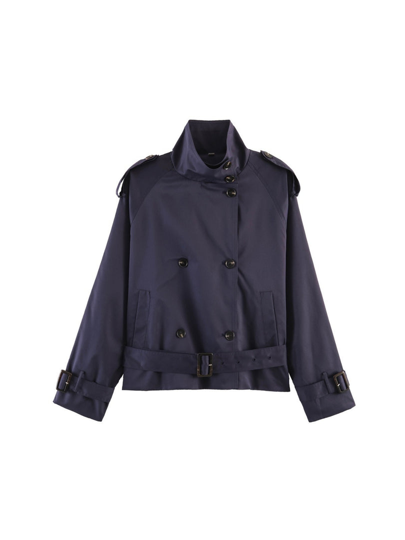 Loose Belted Double-Breasted Stand Collar Coat Women N6H125