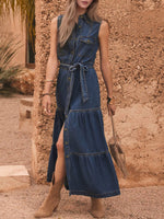 Load image into Gallery viewer, Blue Sleeveless Tie Waist Denim Style Maxi Dress N6F086