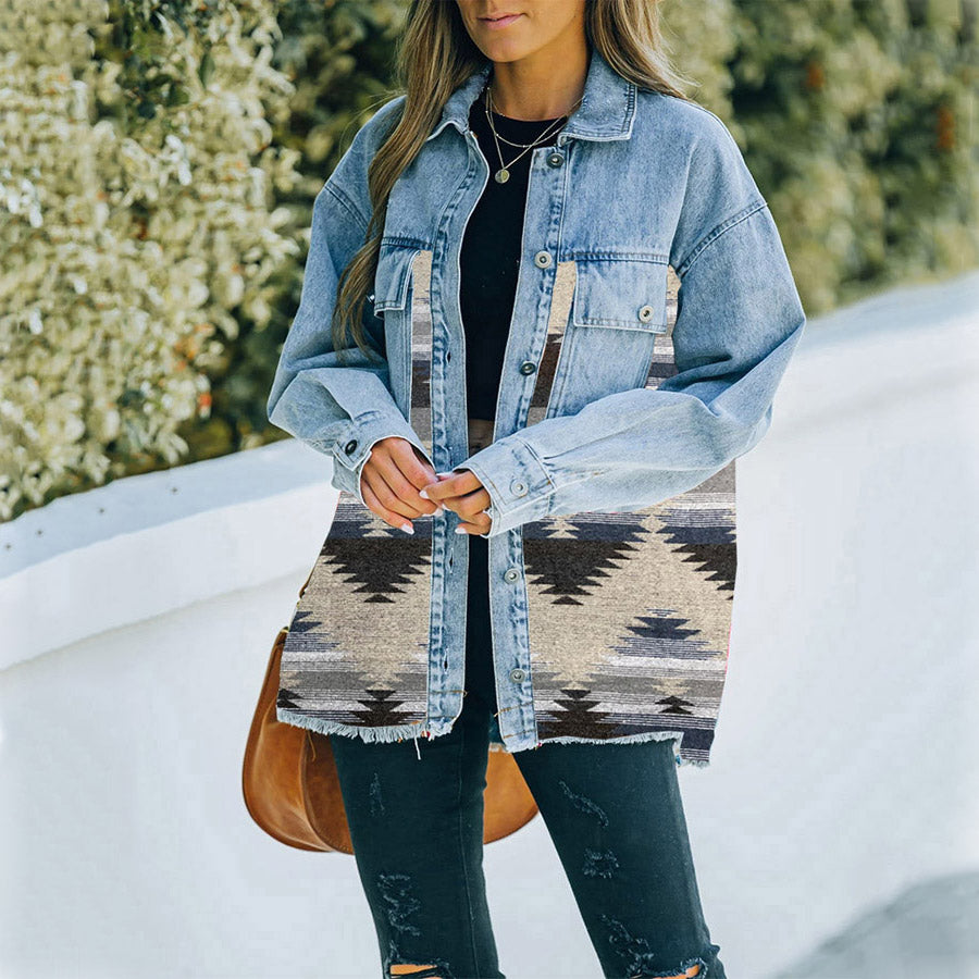Denim Wool Blend Jacket Women Vintage Distressed Hem N5A114