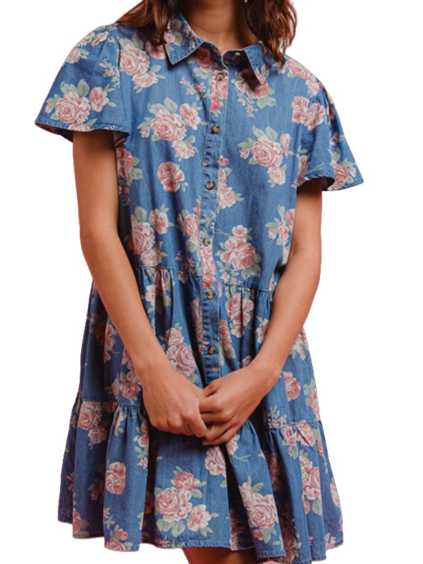 Rose Print A Line Dress Women Blue Floral N5A116