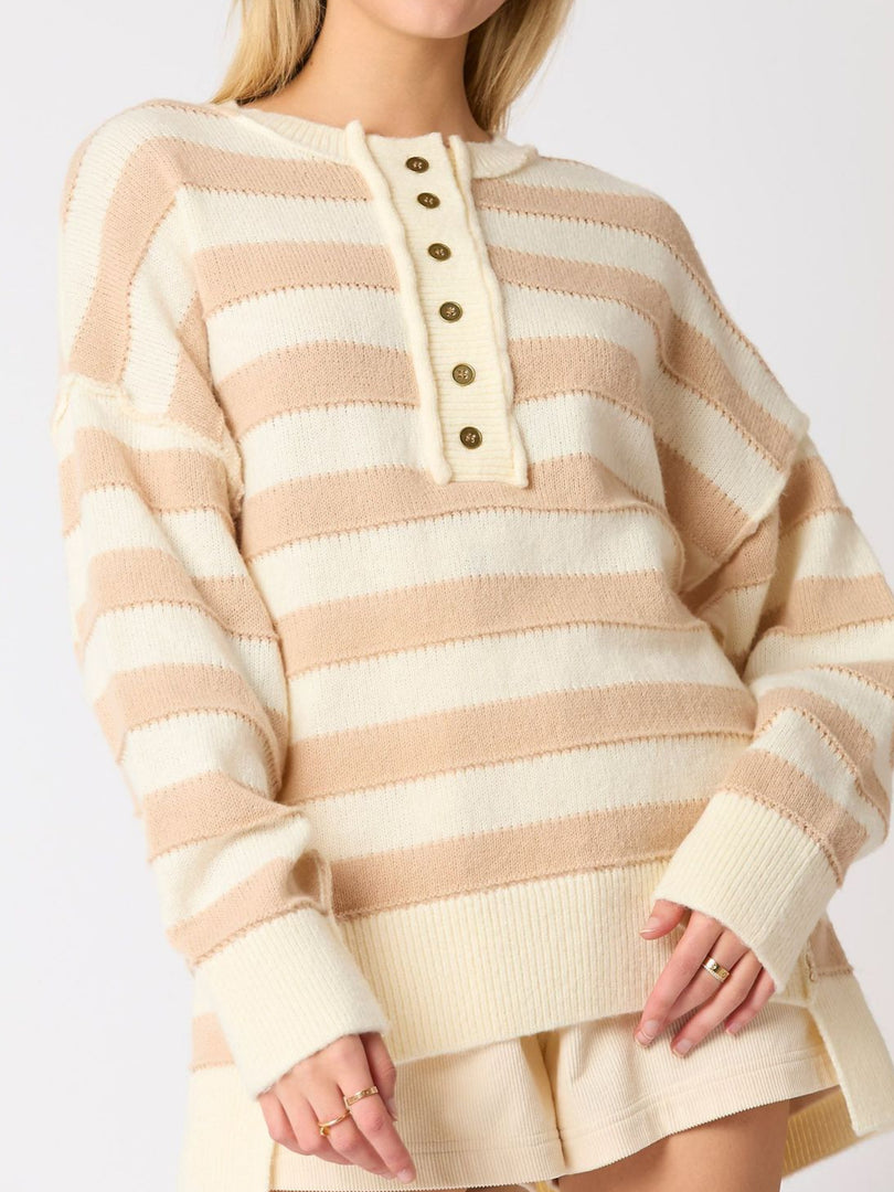Block Stripe Knit Long Button Mid Weight Options N5Z791