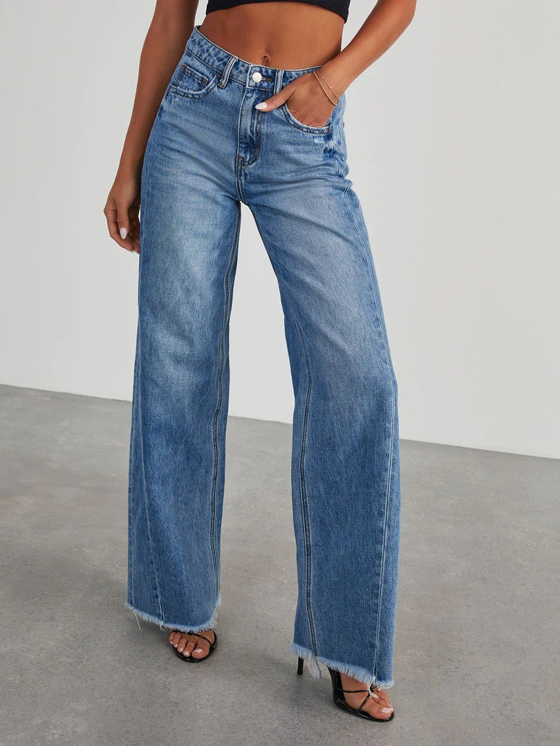 Loose Wide Leg Side Panel Raw Hem Jeans Women N6D154