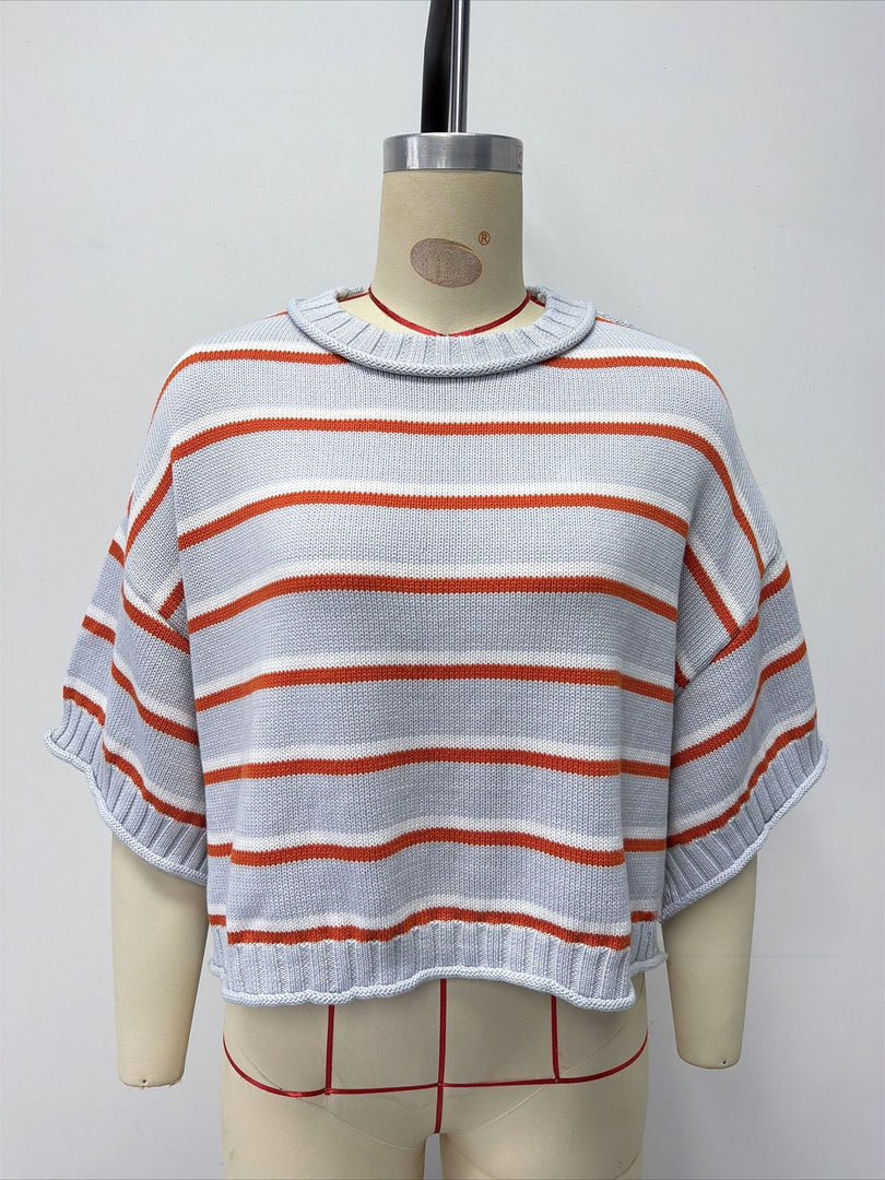 Short Sleeve Round Neck Striped Knit Pullover Women N6G189