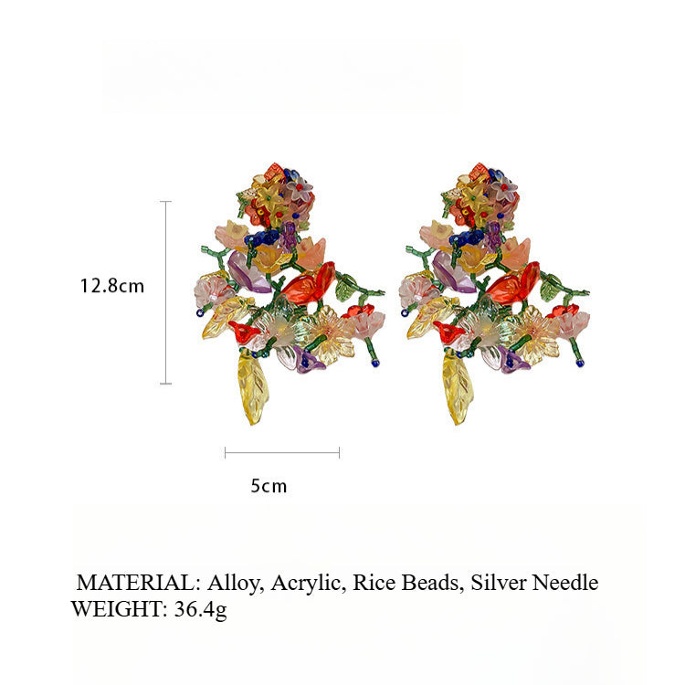 Acrylic Floral Branch Earrings Alloy Silver Beads S5P204